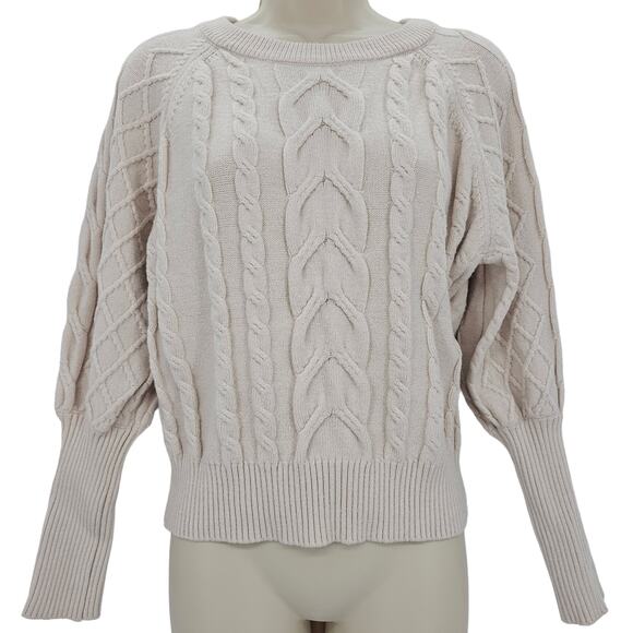 Tahari Womans size M Cable Knit Cream Sweater Long Sleeve Cropped Crewneck - Picture 1 of 8